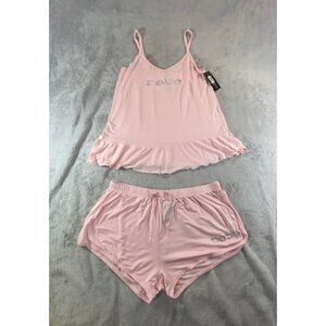 Bebe Sleepwear Women's Large Pink Tank & Shorts lounge set rhinestone logo NWT